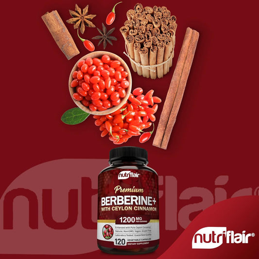 Nutriflair Premium Berberine Hcl 1200Mg, 120 Capsules - Plus Pure True Ceylon Cinnamon, Berberine Hci Root Supplements Pills - Immune System - Yields An Optimal 8% Berberine