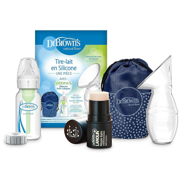 Dr. Brown’S Lanolin + Nipple Balm, 100% Silicone Breast Pump Breast Milk Catcher, Travel Bag, And 4Oz Anti-Colic Options+ Baby Bottle, Level 1 Nipple & Lid