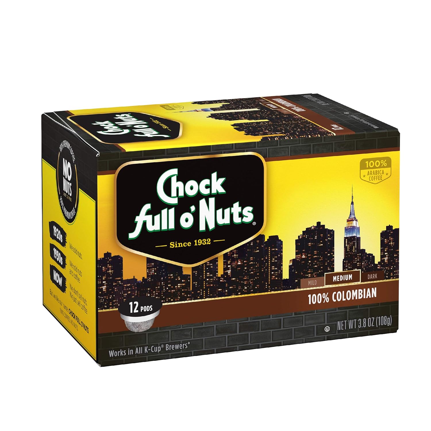 Chock Full o’Nuts Colombian Medium Roast, K-Cup Compatible Pods (12 Count) – Arabica Coffee In Eco-Friendly Keurig-Compatible Single Serve Cups