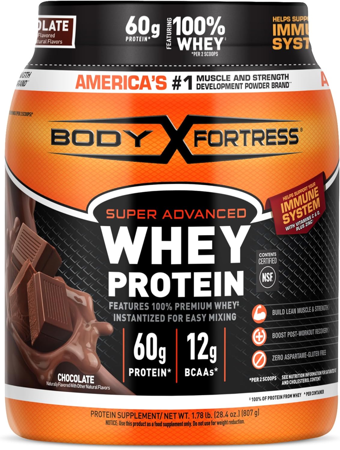 Body Fortress Super Advanced Whey Protein Powder, Chocolate, Immune Support (1), Vitamins C & D Plus Zinc, 1.78 Lbs (Packaging May Vary)