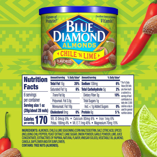 Blue Diamond Almonds, Snack Nut Flavored Chile N' Lime Perfect For On-The Go, And Snacking, 6 Ounce Can