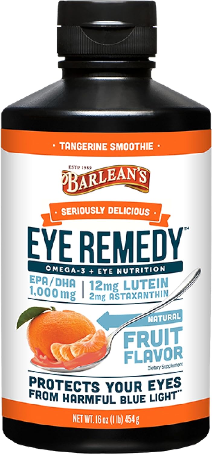 Barlean's Eye Remedy Supplement, Tangerine Flavored Fish Oil Liquid with Lutein, Astaxanthin & Zeaxanthin,1,000mg Omega 3 EPA DHA, Eye Care Supplements for Macular Health, 16 oz