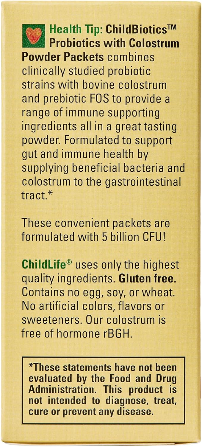 CHILDLIFE ESSENTIALS ChildBiotics Probiotics with Colostrum - Kids Probiotic Powder Packets, Immune & Digestive Support, All-Natural, Non-GMO, Gluten-Free - Tropical Orange Flavor, 30 Packets : Health & Household