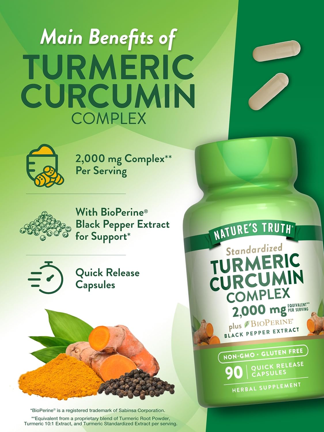 Nature's Truth Turmeric Curcumin Capsules | 2000mg | 90 Capsules | with 95% Standardized Curcuminoids and Bioperine | Non-GMO, Gluten Free Supplement : Health & Household