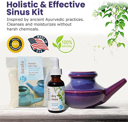 Sinus Ayurvedic Care Kit - Ceramic Neti Pot, Perfect For Sinus Relief. (1 Oz) Premium Quality Essential Oils And Mineral Salt Rinse (2 Oz)(Purple)