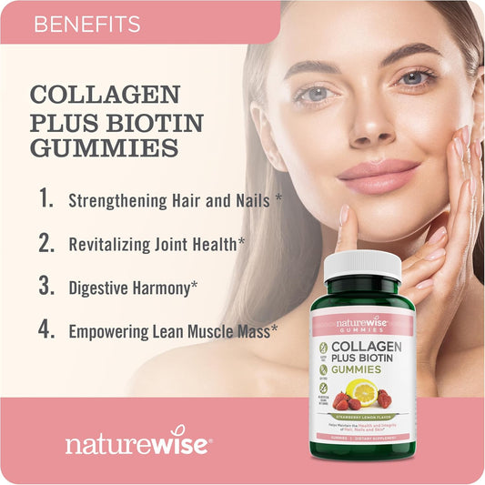 Naturewise Collagen Gummies - Strawberry Lemon Flavor - Type 1 & 3 Collagen Peptides For Women With Biotin, Vitamin C, E, & Zinc For Hair Skin And Nails & Joint Support - 90 Count[45-Day Supply]