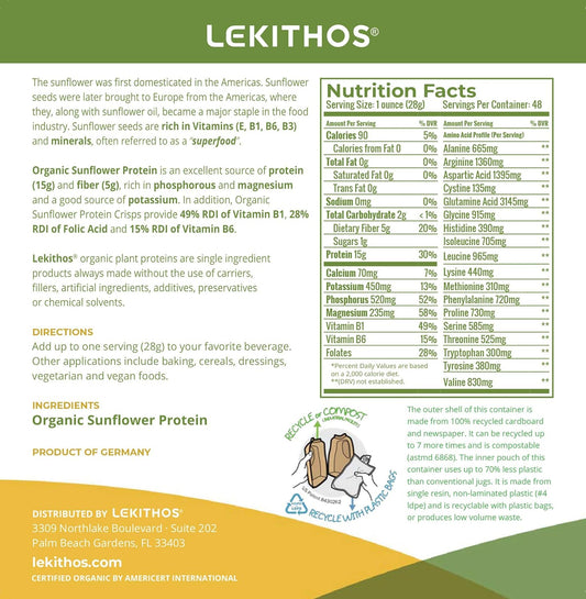 Lekithos Organic Sunflower Seed Protein Powder - 3 lb - 15g Protein -