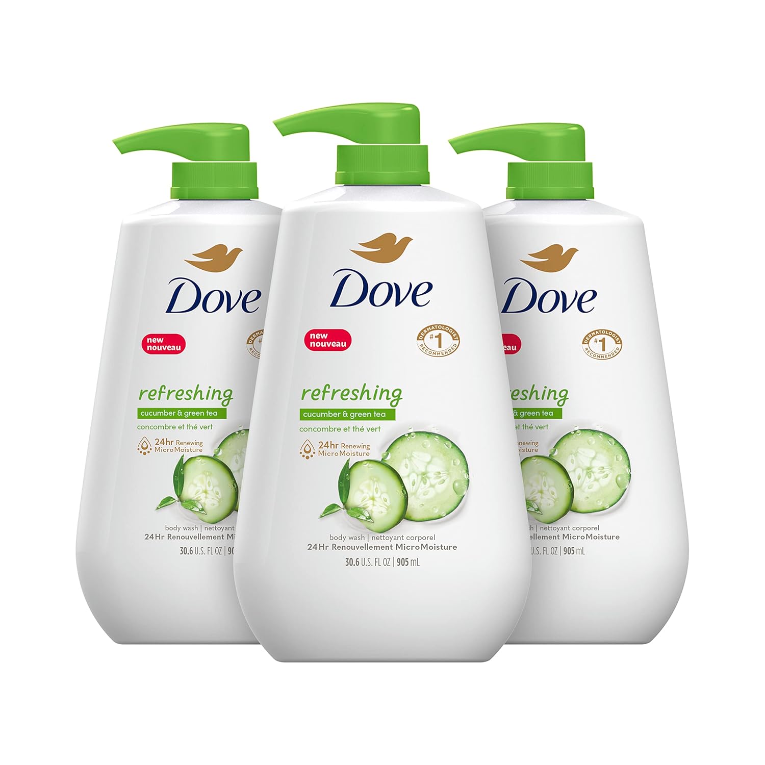 Dove Body Wash With Pump Refreshing Cucumber And Green Tea 3 Count Refreshes Skin Cleanser That Effectively Washes Away Bacteria While Nourishing Your Skin 30.6 Oz