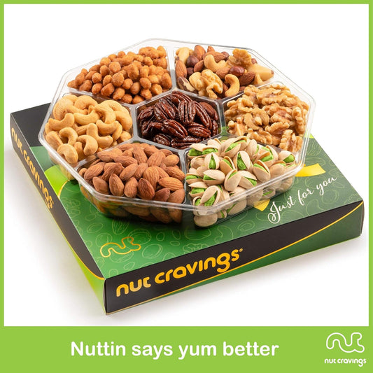 Nut Cravings Gourmet Collection - Mixed Nuts Gift Basket In Green Gold Box (7 Assortments, 1 Lb) Teacher Appreciation Arrangement Platter, Birthday Care Package - Healthy Kosher