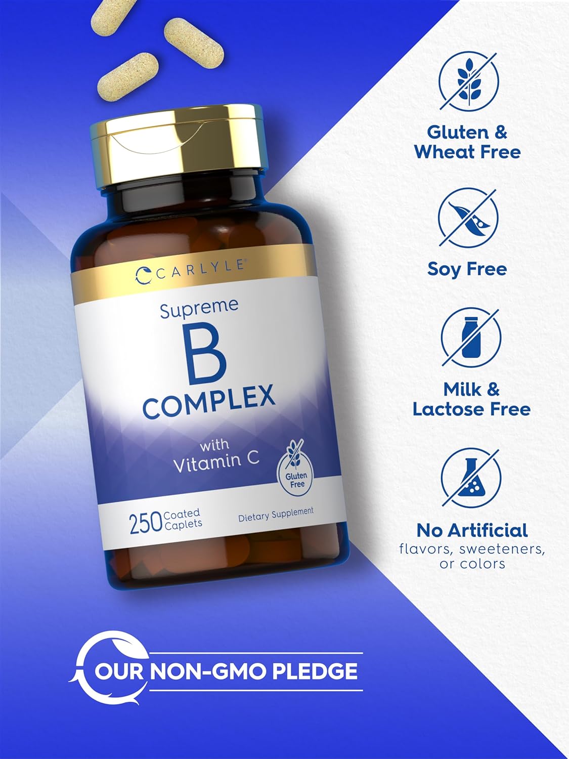 Carlyle Vitamin B Complex Plus Vitamin C | 250 Caplets | Vegetarian, Non-GMO and Gluten Free Supplement : Health & Household