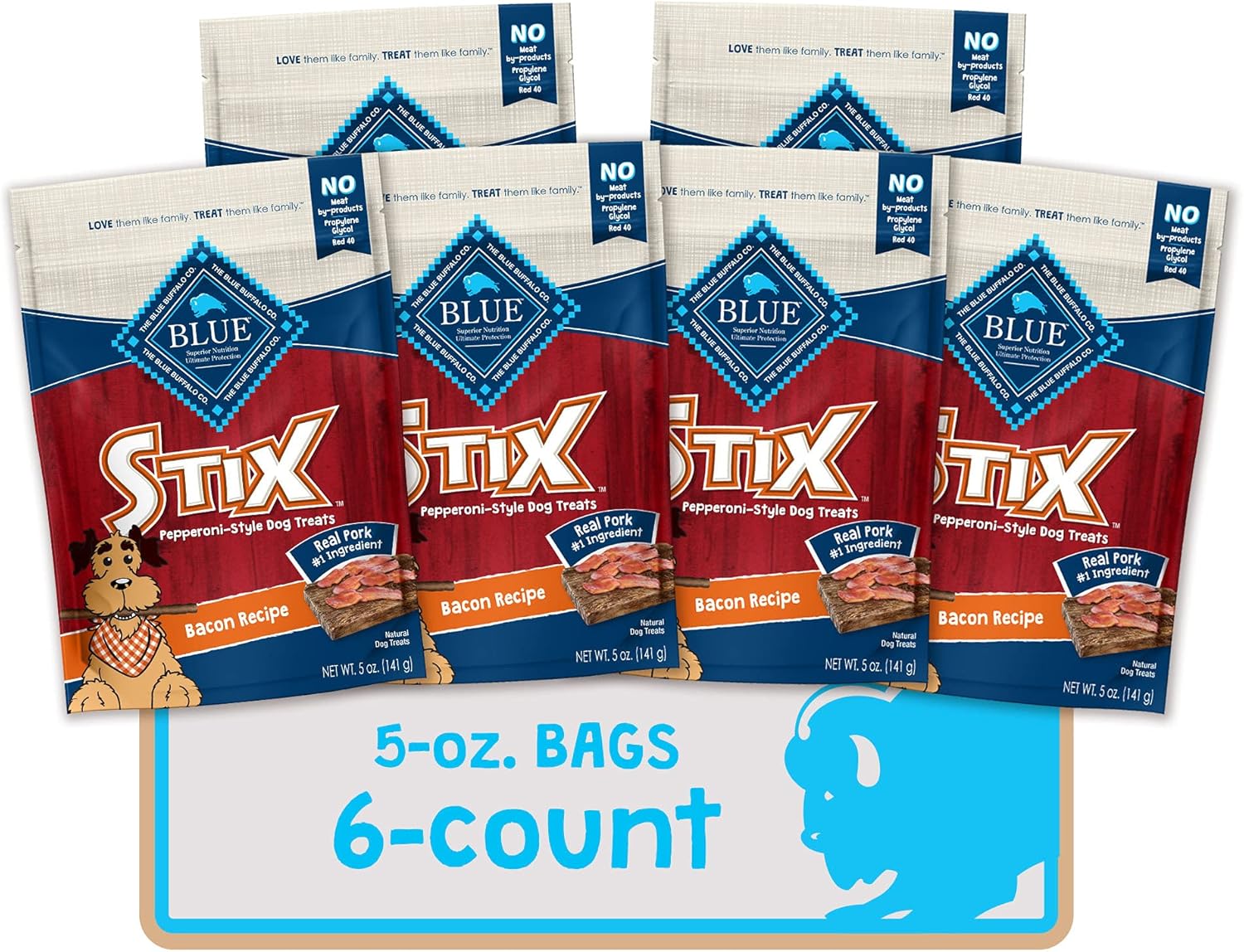 Blue Buffalo Stix Natural Soft-Moist Dog Treats, Bacon Recipe 5-Oz Bag (Pack Of 6)