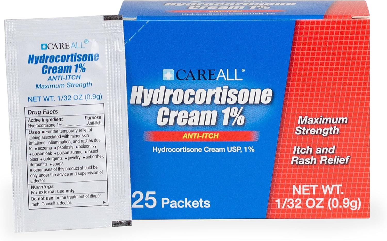 Careall Hydrocortisone Cream 1% (25 Pack), 0.9Gr Foil Packet, Maximum Strength Formulation, Anti-Itch Rash Skin Cream Relieves Itching, Redness, Eczema, Insect Bites, Poison Ivy, And Psoriasis