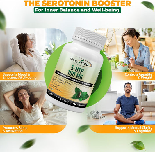 5Htp 100Mg Supplement, Plus B6, 5 Htp Organic Whole Food - Best Serotonin Booster - Non-Gmo, 120 Vegan Capsules