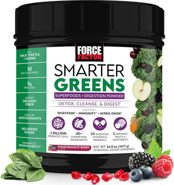 Force Factor Smarter Greens Superfoods Powder To Support Digestion, Gut Health, Bloating, Greens Powder With Probiotics, Prebiotics, Digestive Enzymes, & Adaptogens, Pomegranate Berry, 60 Servings