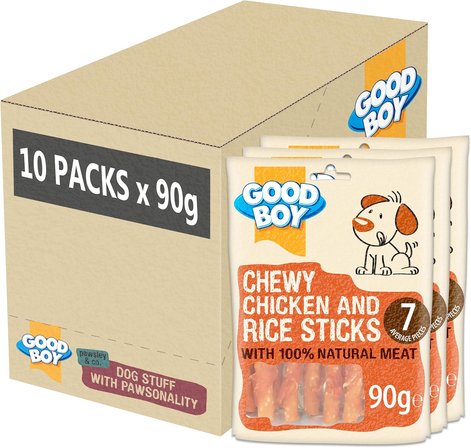 Good Boy Chicken & Rice Sticks - Low Fat Natural Dog Treats - Rawhide Free Recipe - Bulk Box - 10 X 90G