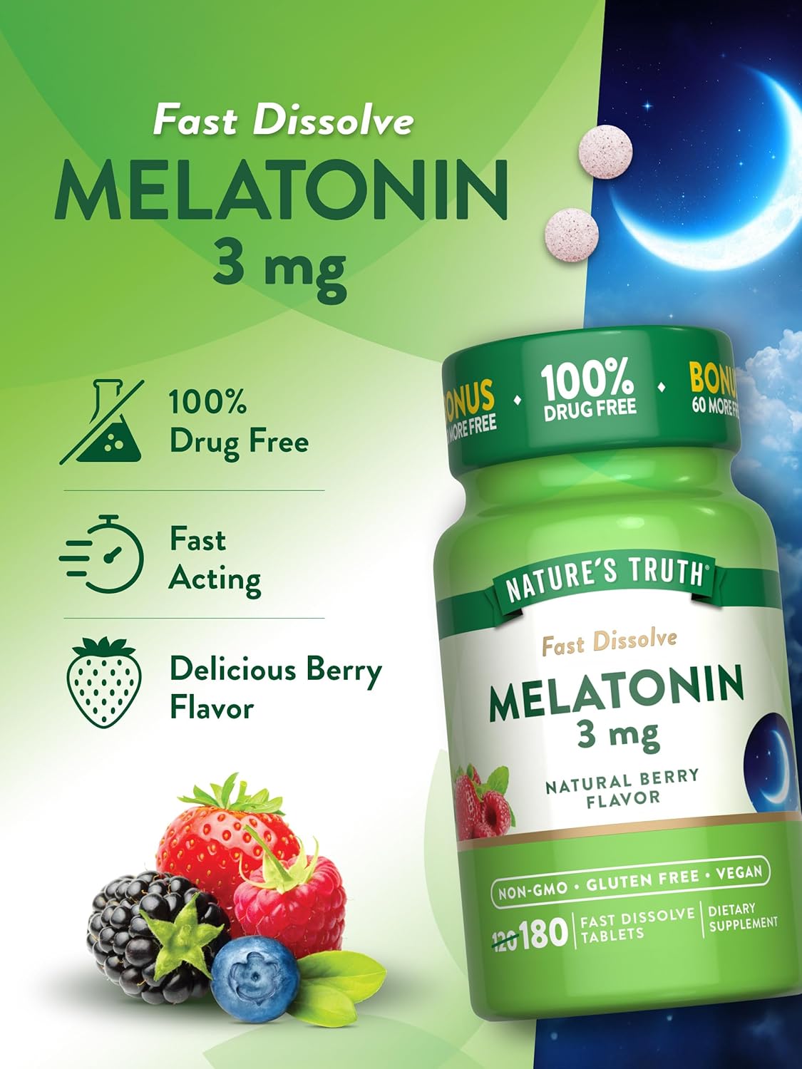 Nature's Truth Melatonin 3mg Fast Dissolve Tablets | 180 Count | Natural Berry Flavor | Vegan, Non-GMO, & Gluten Free Supplement : Health & Household