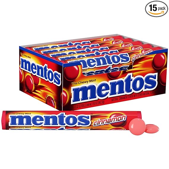 Mentos Candy, Mint Chewy Roll, Cinnamon, Non Melting, Party, 1.32 oz(Pack of 15)