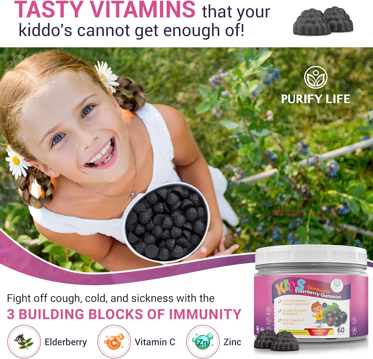 Allergen-Free Elderberry Gummies for Kids (60 Day Supply) Childrens Sambucus Elderberry Gummies with Zinc & Vitamin C - Vegan, Gluten-Free, Nut-Free, Soy-Free Supplement, No Capsules Pills or Tablets : Health & Household