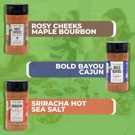 FreshJax Organic Pork Meat Seasoning Gift Set | 3 Large Bottles | Sriracha Salt, Rosy Cheeks Maple Bourbon BBQ Blend, Bold Bayou Cajun Spice | Handcrafted in Jacksonville