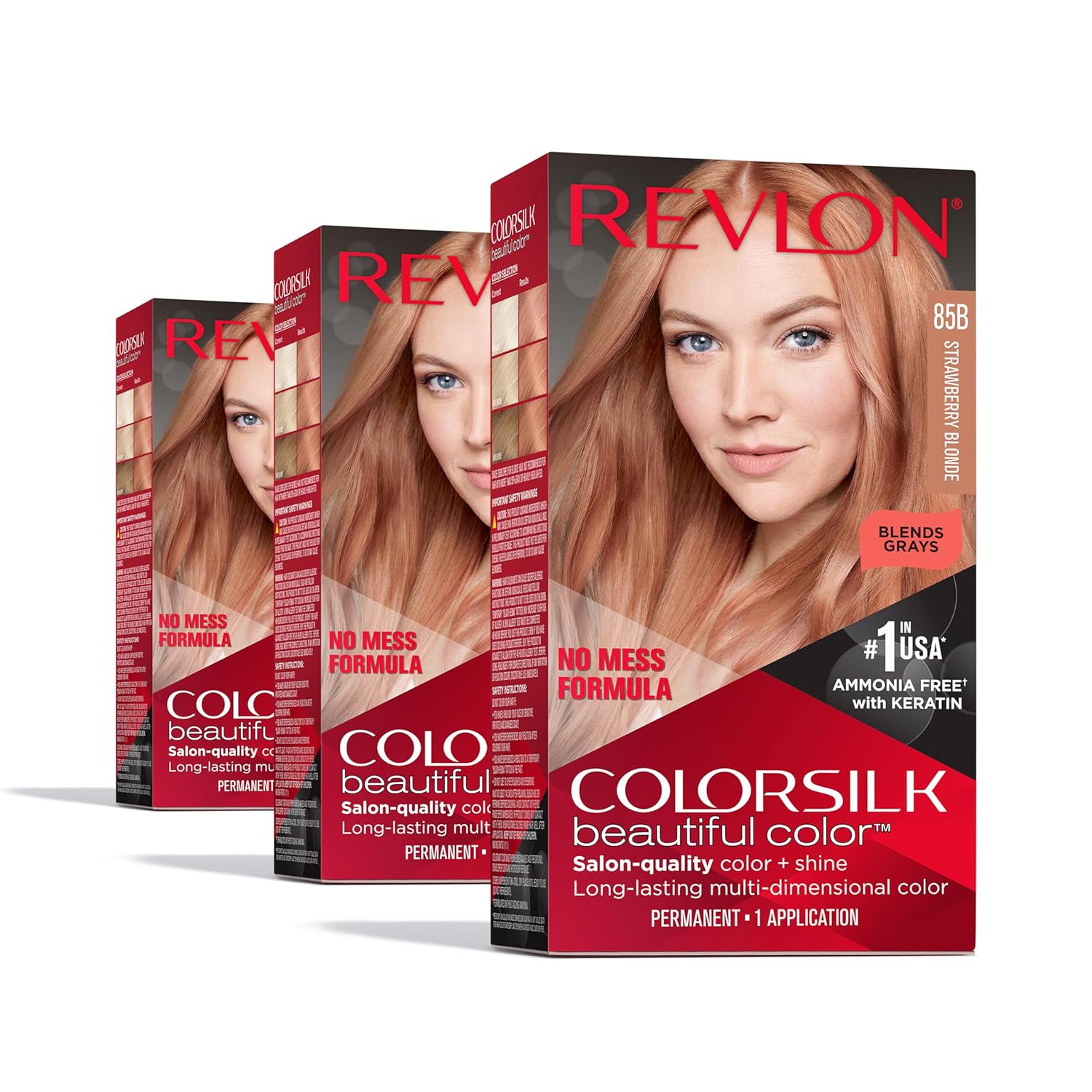 Revlon Colorsilk Beautiful Color Permanent Hair Color, Long-Lasting High-Definition Color, Shine & Silky Softness With 100% Gray Coverage, Ammonia Free, 85B Strawberry Blonde, 3 Pack