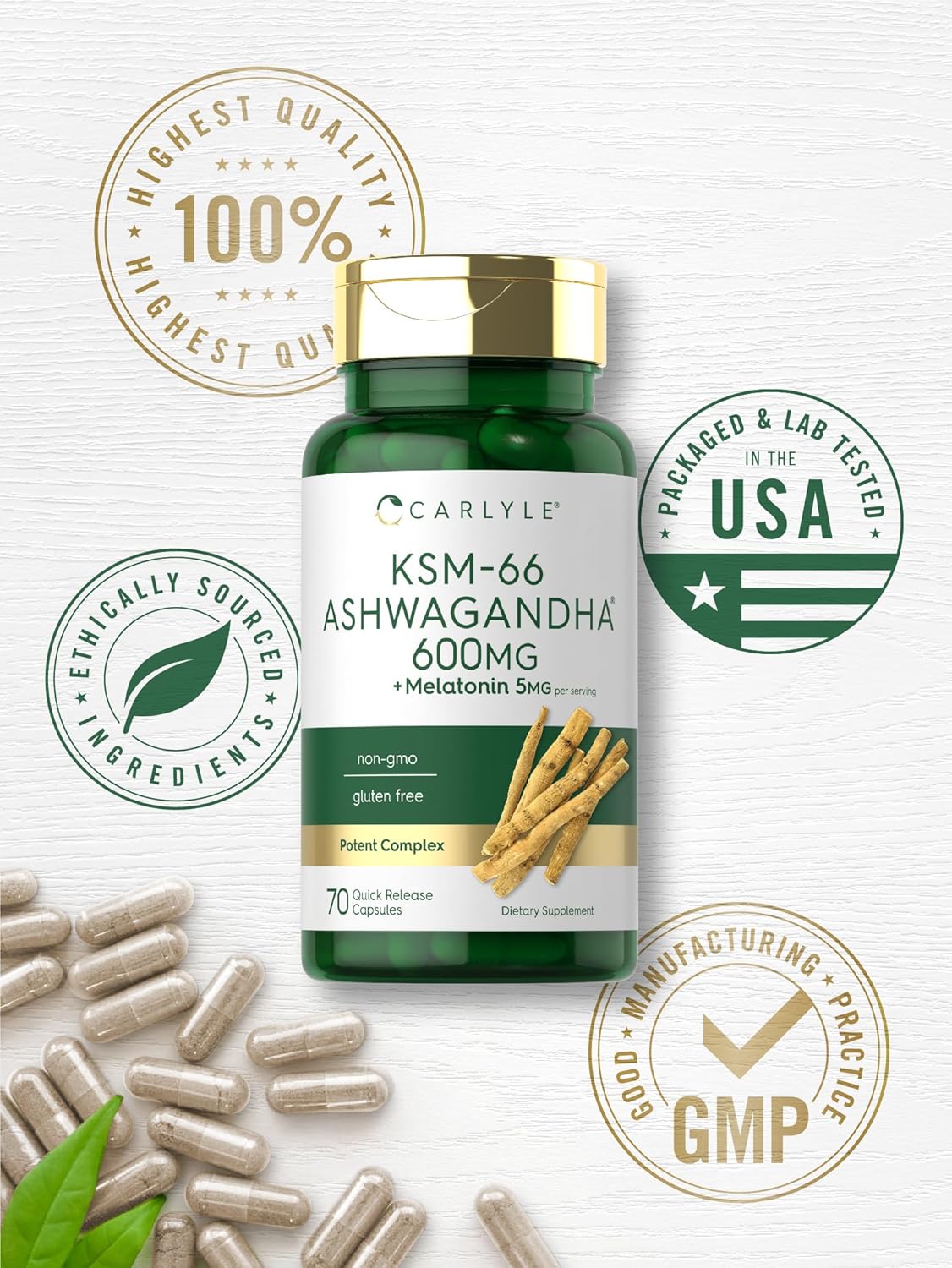 Carlyle KSM-66 Ashwagandha Capsules 600mg | 70 Count | with Melatonin 5mg | Potent Complex | Non-GMO, Gluten Free : Health & Household