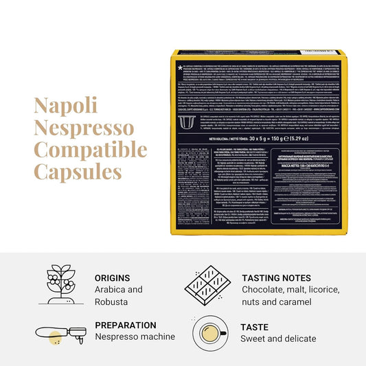 Caffe' Vergnano 1882 Medium Roast Espresso Compatible Capsules, Single-Serve Arabica Robusta Espresso Coffee, Italian Espresso Pods For Coffee Machines, Intensity 10/10, Napoli, 30 Ct