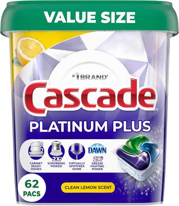 Cascade Platinum Plus Dishwasher Pods, Dish Detergent Actionpacs, Clean Lemon, 62 Count