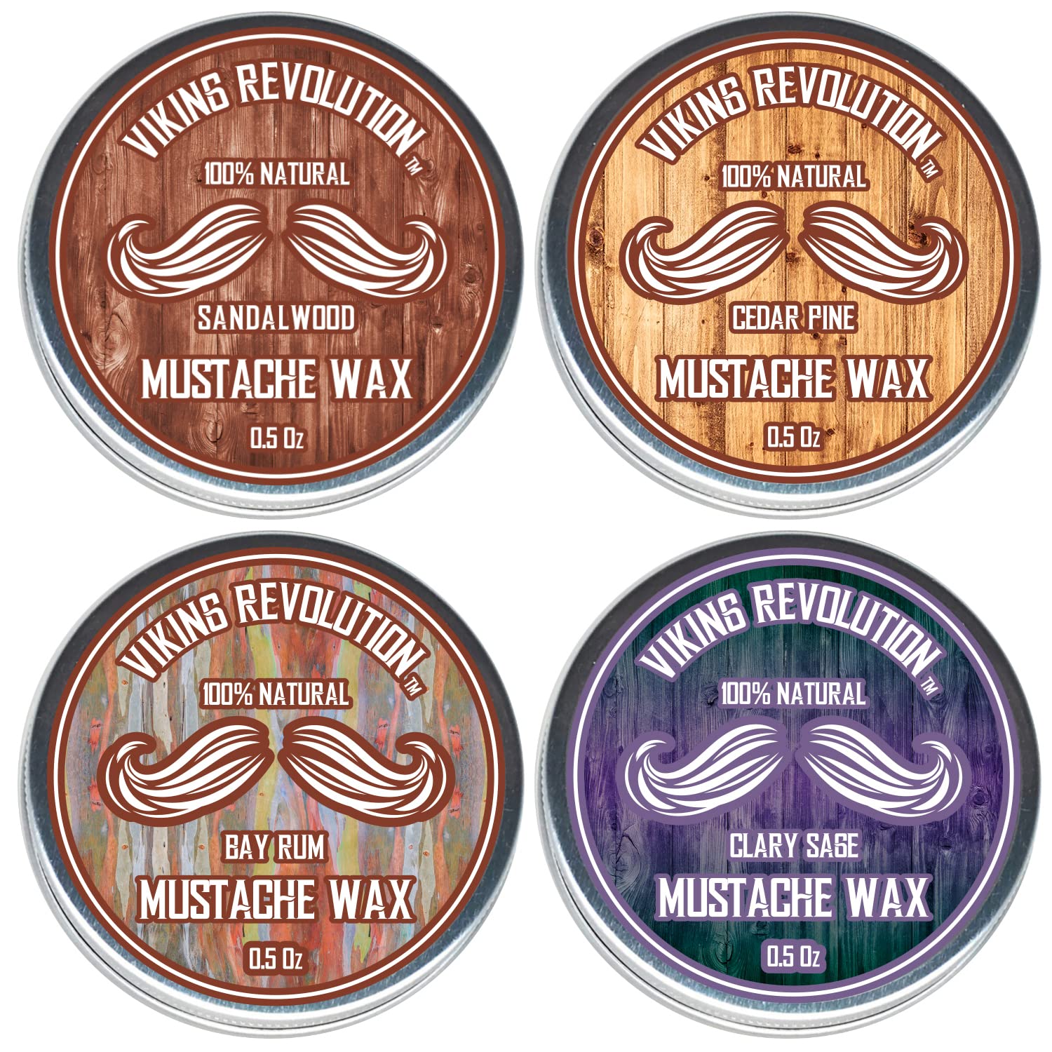 Viking Revolution Mustache Wax 4 Variety Pack - Beard & Moustache Wax For Men - Strong Hold Helps Train Tame & Style- Sandalwood, Clary Sage, Cedar Pine, Bay Rum Styles