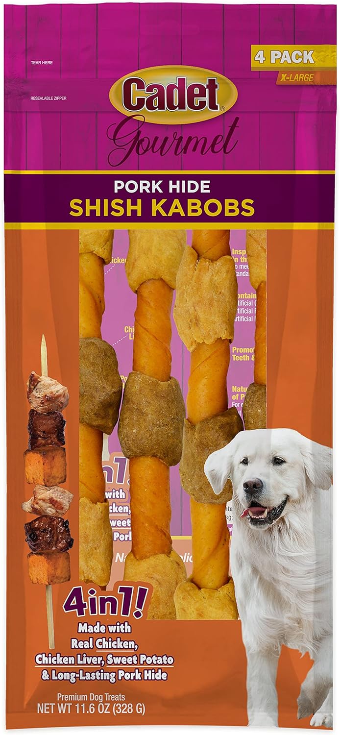 Cadet Gourmet Shish Kabob Dog Treats For Large Dogs, Healthy & Natural Chicken & Sweet Potato Chew Sticks, Pork Hide, Extra Large 10 Inch, 4 Count (Pack Of 1)