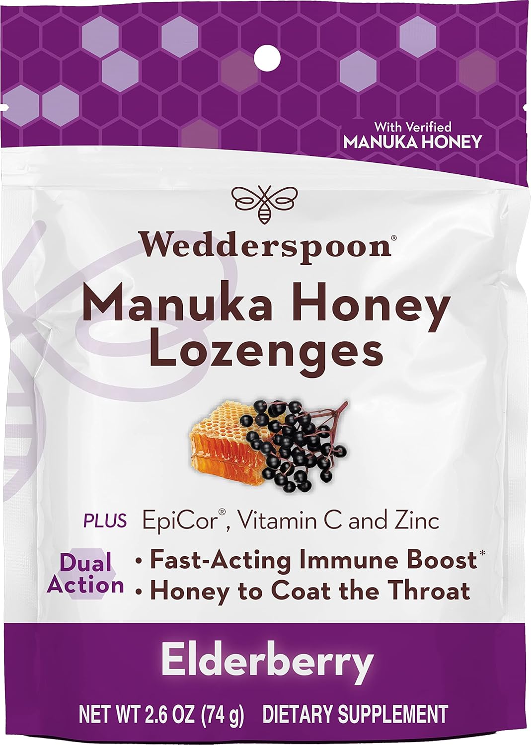 Wedderspoon Manuka Honey Immunity Lozenges With Epicor, Zinc, Vitamin C – Elderberry, 2.6 Oz (Pack Of 1), Boosts Immunity Within Two Hours