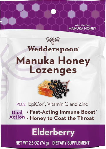 Wedderspoon Manuka Honey Immunity Lozenges With Epicor, Zinc, Vitamin C – Elderberry, 2.6 Oz (Pack Of 1), Boosts Immunity Within Two Hours