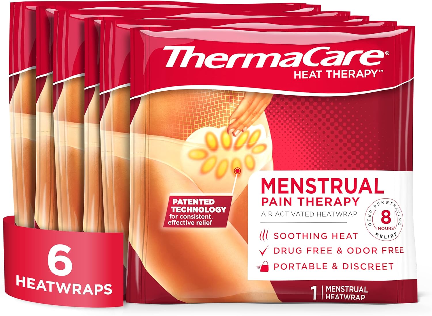 Thermacare Portable Menstrual Heating Pad, Adhesive Period Therapy Heat Patches For Cramps And Backache Relief, Hsa/Fsa Eligible & Approved, 6 Count