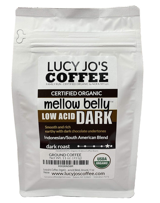 Lucy Jo'S Coffee, Organic Mellow Belly Dark Low Acid Blend, Ground, 11 Oz