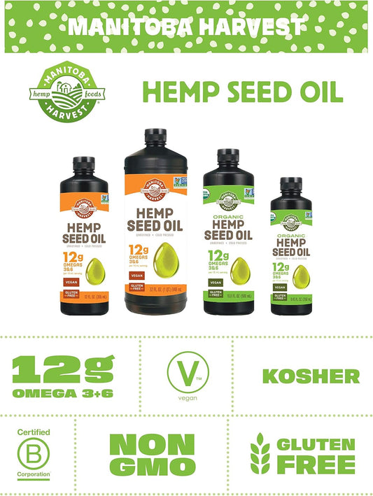 Manitoba Harvest Hemp Seed Oil – Cold Pressed, Premium Quality – 12G Of Omegas 3 & 6 Per Serving – Hydrate & Nourish Skin - Non Gmo, Vegan, Gluten Free – Great For Cooking, Salad Dressings - 12 Fl Oz