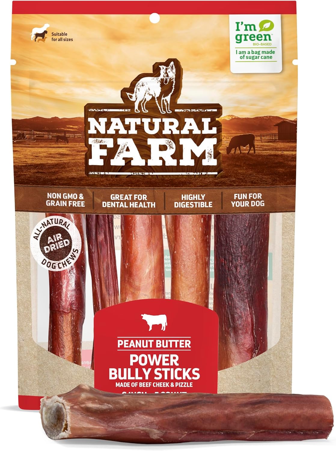 Natural Farm Power Bully Sticks Peanut Flavor Dog Chews (6”, 5-Pack), 2-In-1 Power Chews: Premium Beef Cheek Wrapped In Beef Pizzle With Enticing Peanut Butter Flavor, Double Chewing Time