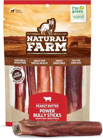 Natural Farm Power Bully Sticks Peanut Flavor Dog Chews (6”, 5-Pack), 2-In-1 Power Chews: Premium Beef Cheek Wrapped In Beef Pizzle With Enticing Peanut Butter Flavor, Double Chewing Time