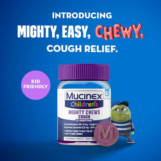 Mucinex Children'S Mighty Chews Nighttime Kids Cough Medicine, Easy To Dose Cough Suppressant With Dextromethorphan, Kids Travel Medicine For Cough, Mixed Berry Flavor, 16 Medicated Chewable Tablets