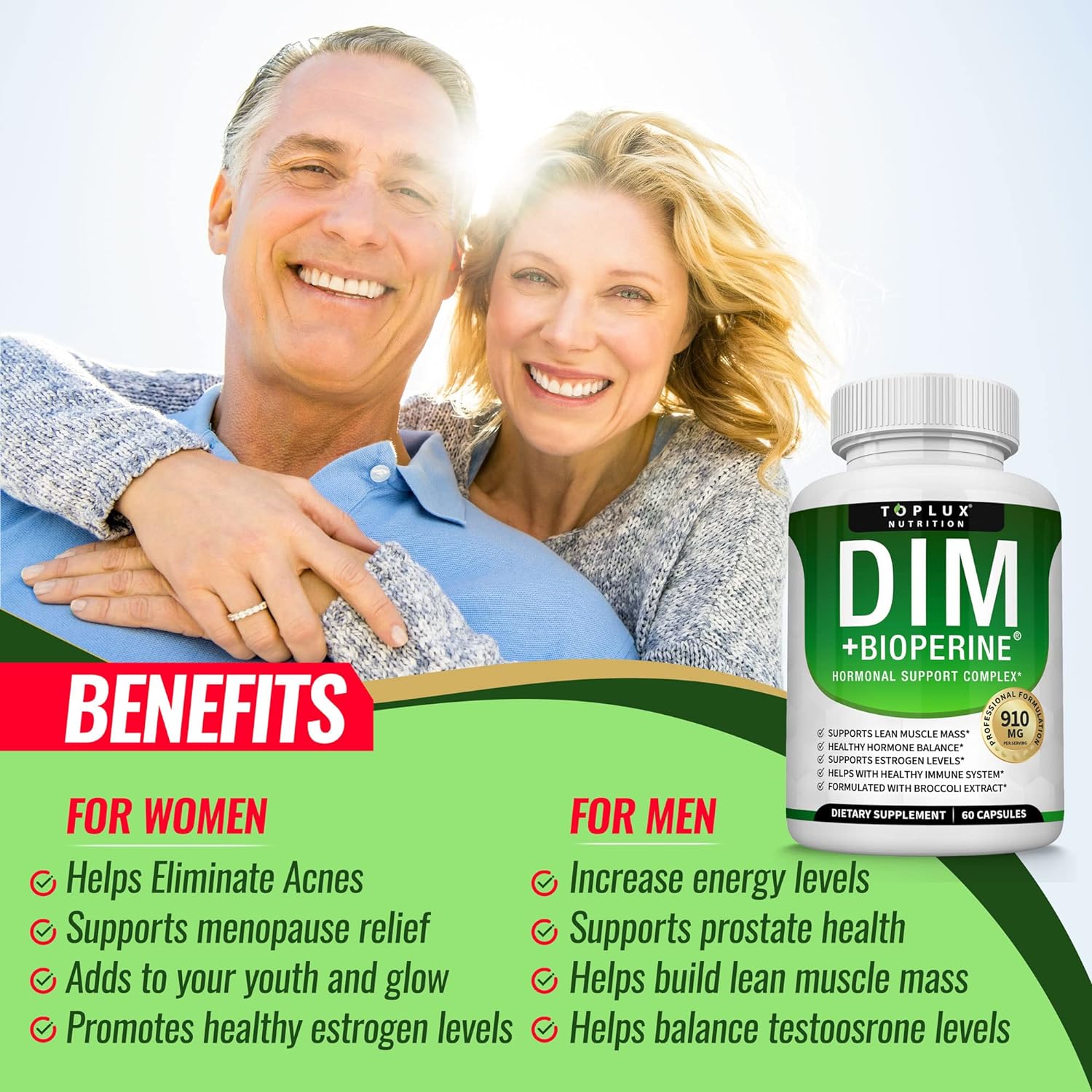 Dim Supplement 910 mg Plus BioPerine Complex - Diindolylmethane to Support Hormone Balance and Estrogen Metabolism, Helps with Menopause Acne PCOS Better Skin Bodybuilding, for Men Women, 60 Capsules : Health & Household