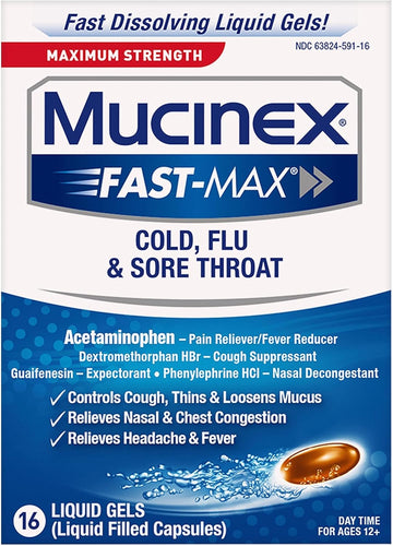 Maximum Strength Mucinex Fast-Max Cold, Flu, & Sore Throat Liquid Gels, 16Ct, Controls Cough, Thins & Loosens Mucus, Relieves Nasal & Chest Congestion, Headache & Fever