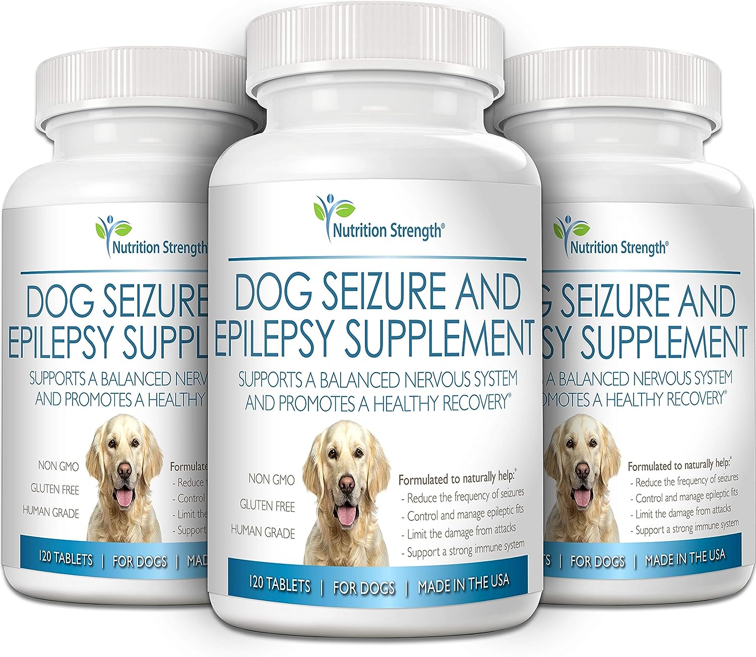 Nutrition Strength Dog Seizure Support, Supplement for Epilepsy in Dogs, with Organic Valerian Root, Chamomile and Blue Vervain, Plus L-Tryptophan Dog Stress and Anxiety Aid, 120 Chewable Tablets : Pet Supplies