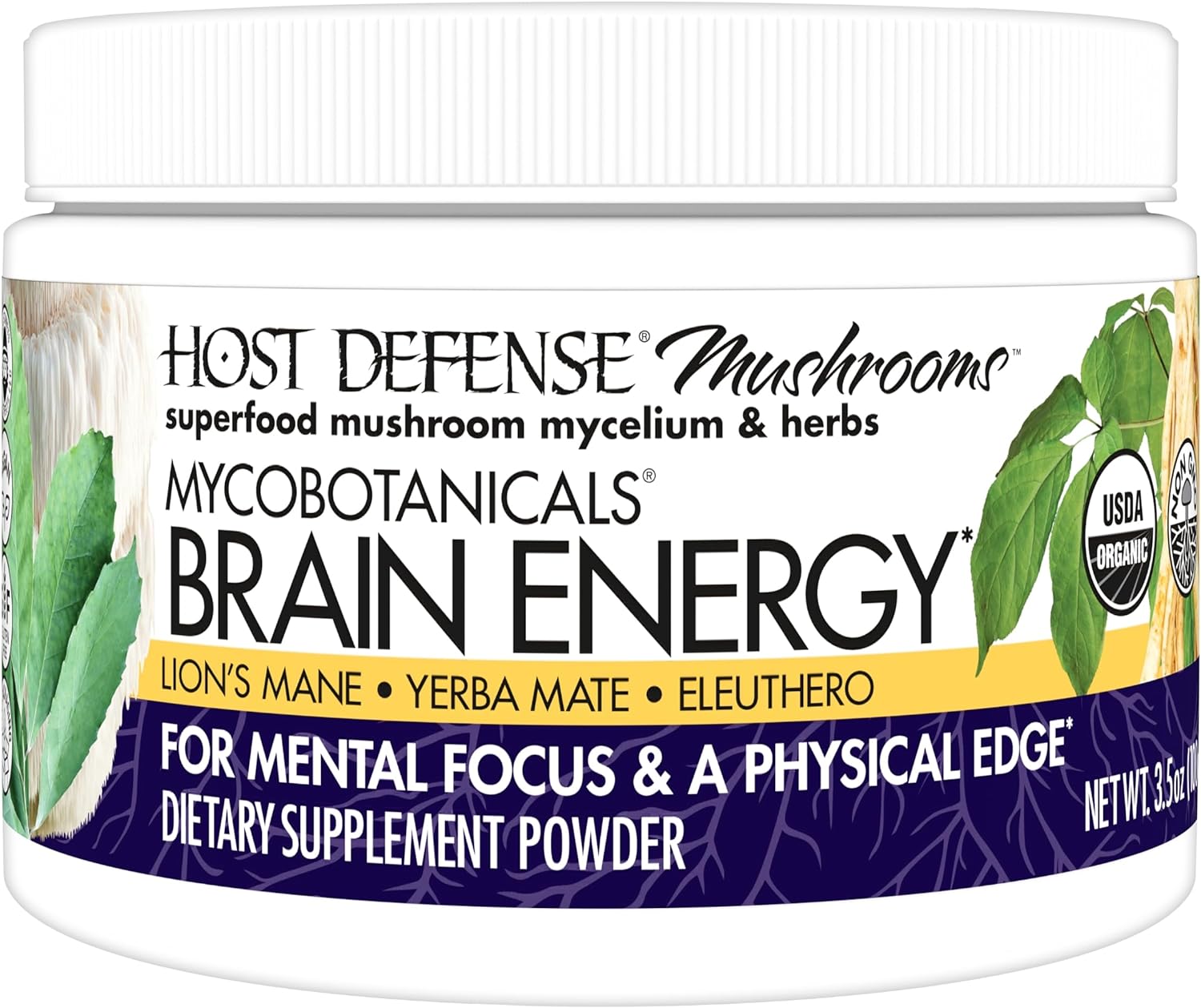 Host Defense MycoBotanicals Brain Energy* Powder - Brain & Focus Support Supplement with Lion's Mane Mushroom - Dietary Supplement with Yerba Mate for Energy Support - 3.5 oz (33 Servings)