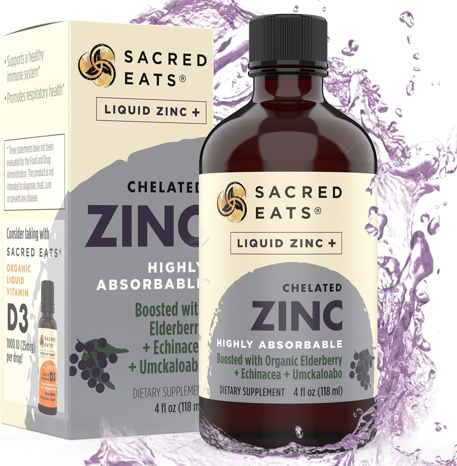 Liquid Zinc (Glycinate Chelate) With Organic Elderberry & Echinacea (High In Quercetin) | 4-In-1 Immune Suport Supplement For Adults & Kids, Great Tasting | Alcohol & Gluten Free, Non Gmo (4.0 Oz)