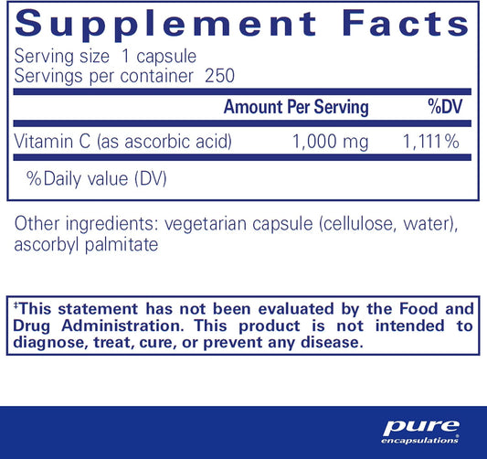 Pure Encapsulations Ascorbic Acid Capsules - 1,000 Mg Vitamin C - Antioxidant & Immune Support* - High-Potency Vitamin C - Vegan & Non-Gmo - 250 Capsules