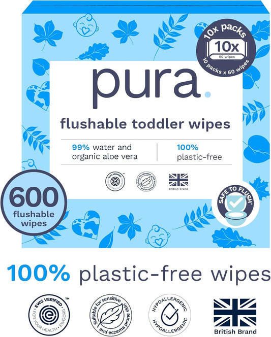 Pura Flushable Toddler Wipes 10 X 60 Wipes (600 Wipes), 100% Plastic Free, 99% Water, Hypoallergenic & Fragrance Free, Totally Chlorine Free, Kids Toilet Wipes, Sensitive Skin
