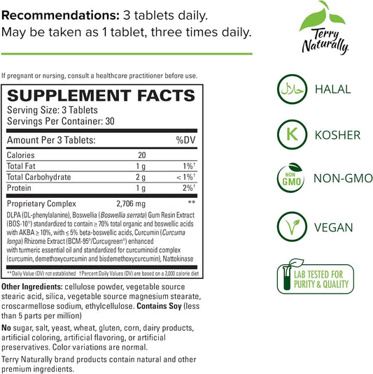 Terry Naturally Curamin Extra Strength - 90 Tablets - Non-Addictive Pain Relief with Curcumin from Turmeric, Boswellia & DLPA - Non-GMO, Vegan, Gluten Free - 30 Servings