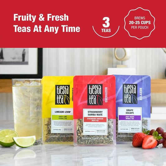 Tiesta Tea - Fresh N' Fruity Trio - 3 Fruit Filled Loose Leaf Blends - High To Non Caffeinated Tea - Make Hot & Iced Tea - 6Oz Resealable Pouches Of Assorted Tea W/Strawberry, Grape & Sweet Lime