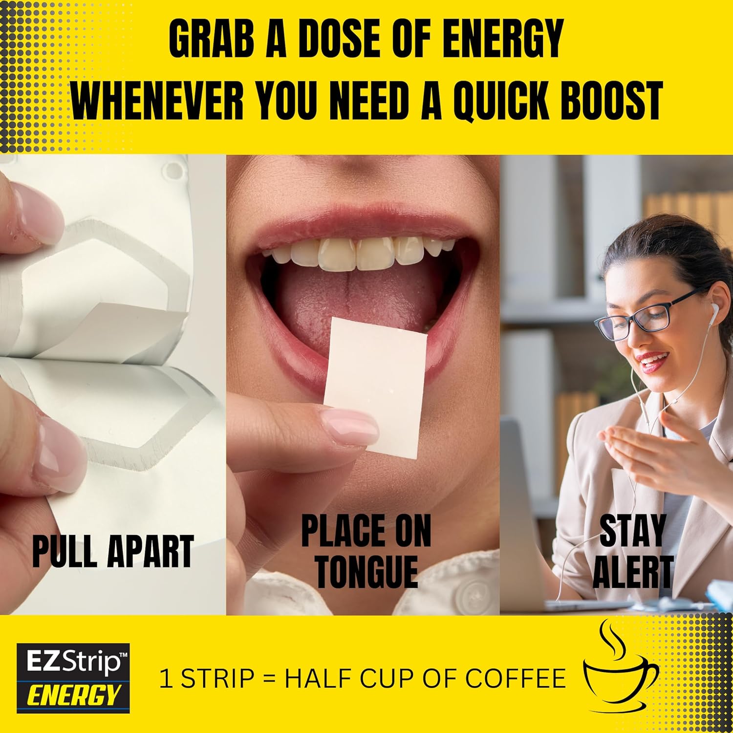 EZStrip Energy - Energize your Day with 40 mg Caffeine Strips - Energy Supplement for Adults. Mint Flavor. Sugar Free, Gluten Free, Performance Boost. Made in USA in an FDA-Registered Facility - 30 Pk : Health & Household