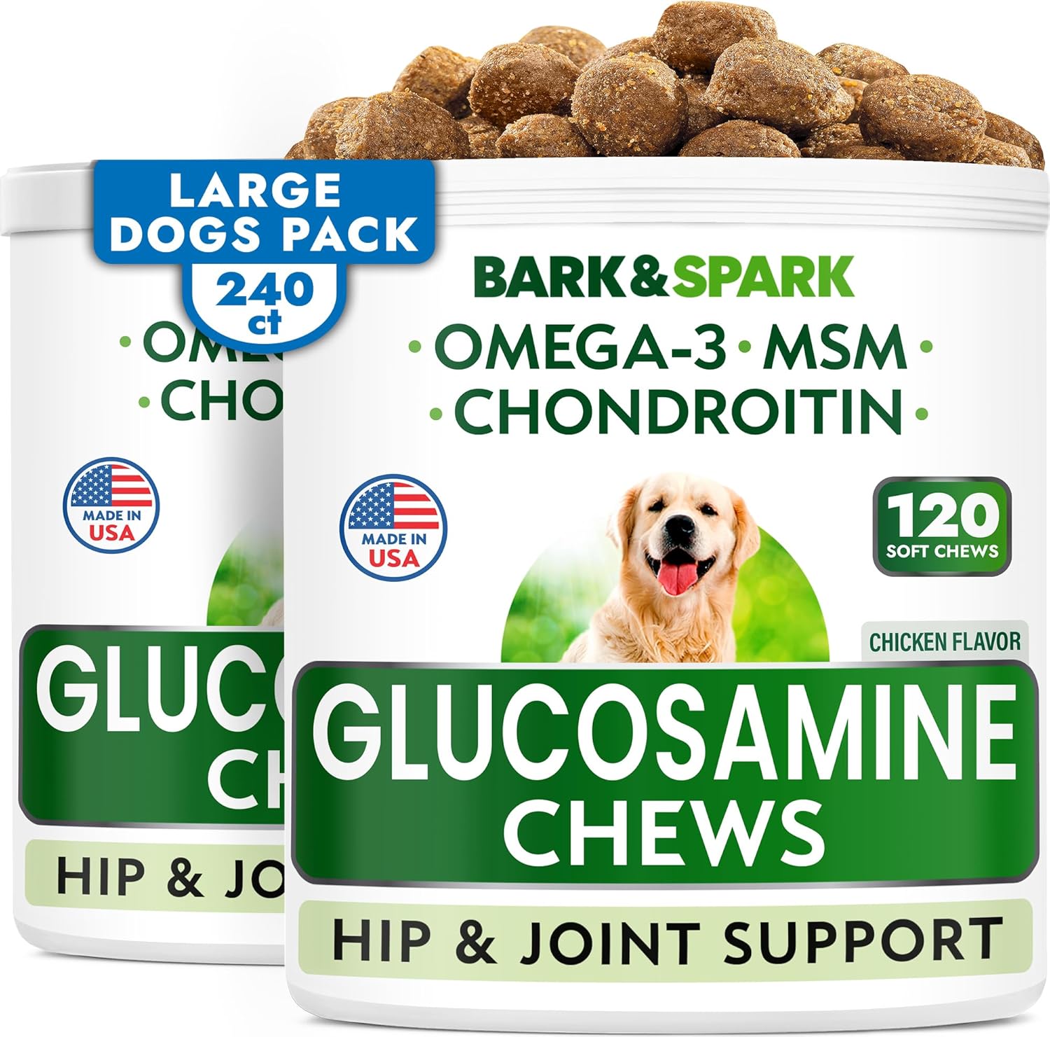 Glucosamine Chondroitin Dog Hip & Joint Supplement - Joint Pain Relief - Hip & Joint Chews For Dogs - Joint Support Large Breed - Senior Doggie Vitamin Pills Joint Health - (240 Treats - Chicken)