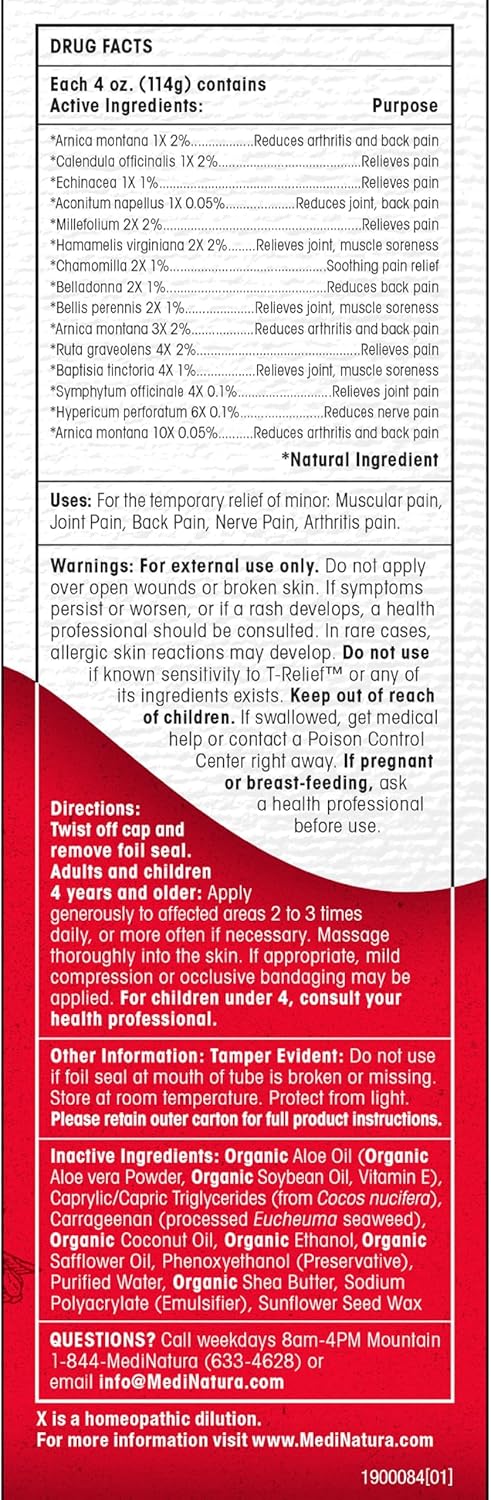 T-Relief Arnica +12 Cream Natural Actives For Back Pain Joint Soreness Muscle Aches & Stiffness, Whole Body Fast Acting Relief For Women & Men - 4 Oz