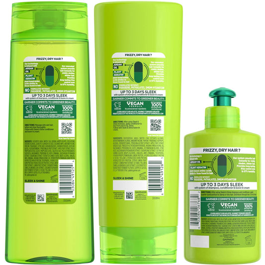 Garnier Fructis Sleek & Shine Shampoo, Conditioner + Leave-In Conditioer Set For Frizzy, Dry Hair, Plant Keratin + Argan Oil (3 Items), 1 Kit (Packaging May Vary)